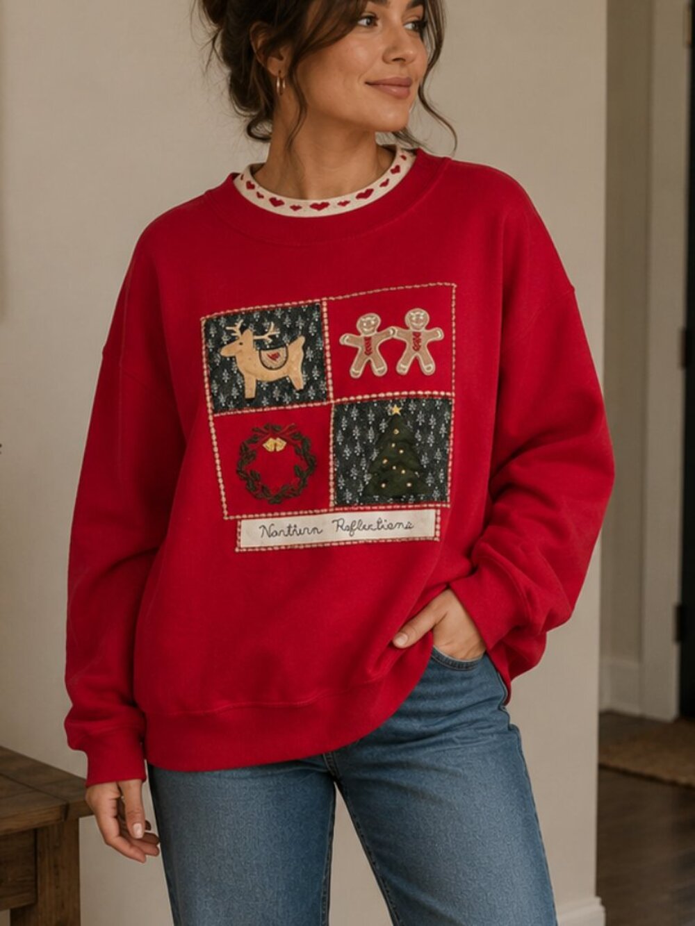 Northern Treasures Womens XL Red Sweatshirt Ugly Christmas reindeer gingerbread